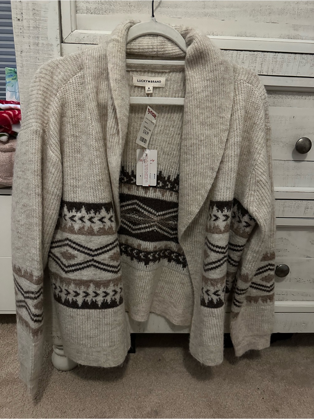 Lucky Brand Beige  Brown Fair Isle Shawl Collar Cardigan